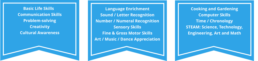 Basic Life Skills	 Communication Skills Problem-solving  Creativity Cultural Awareness                             . Language Enrichment Sound / Letter Recognition Number / Numeral Recognition Sensory SkillsFine & Gross Motor SkillsArt / Music / Dance Appreciation                  Cooking and Gardening Computer Skills Time / Chronology STEAM: Science, Technology, Engineering, Art and Math                 .